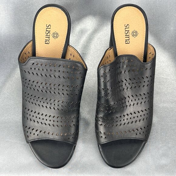 Susina Heel Women's 7.5 Danella Mules‎ Black Perforated Laser Cut Block Sandals - Picture 12 of 14